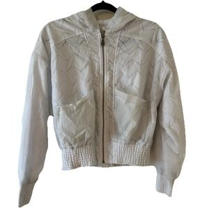 FP Free‎ People Movement White Jacket Eyelet Sheer Cropped Bomber Hoodie XS *R*